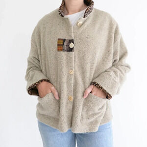 Vintage Odile Beige Teddy Bear Button Up Cardigan Sweater Cottagecore M